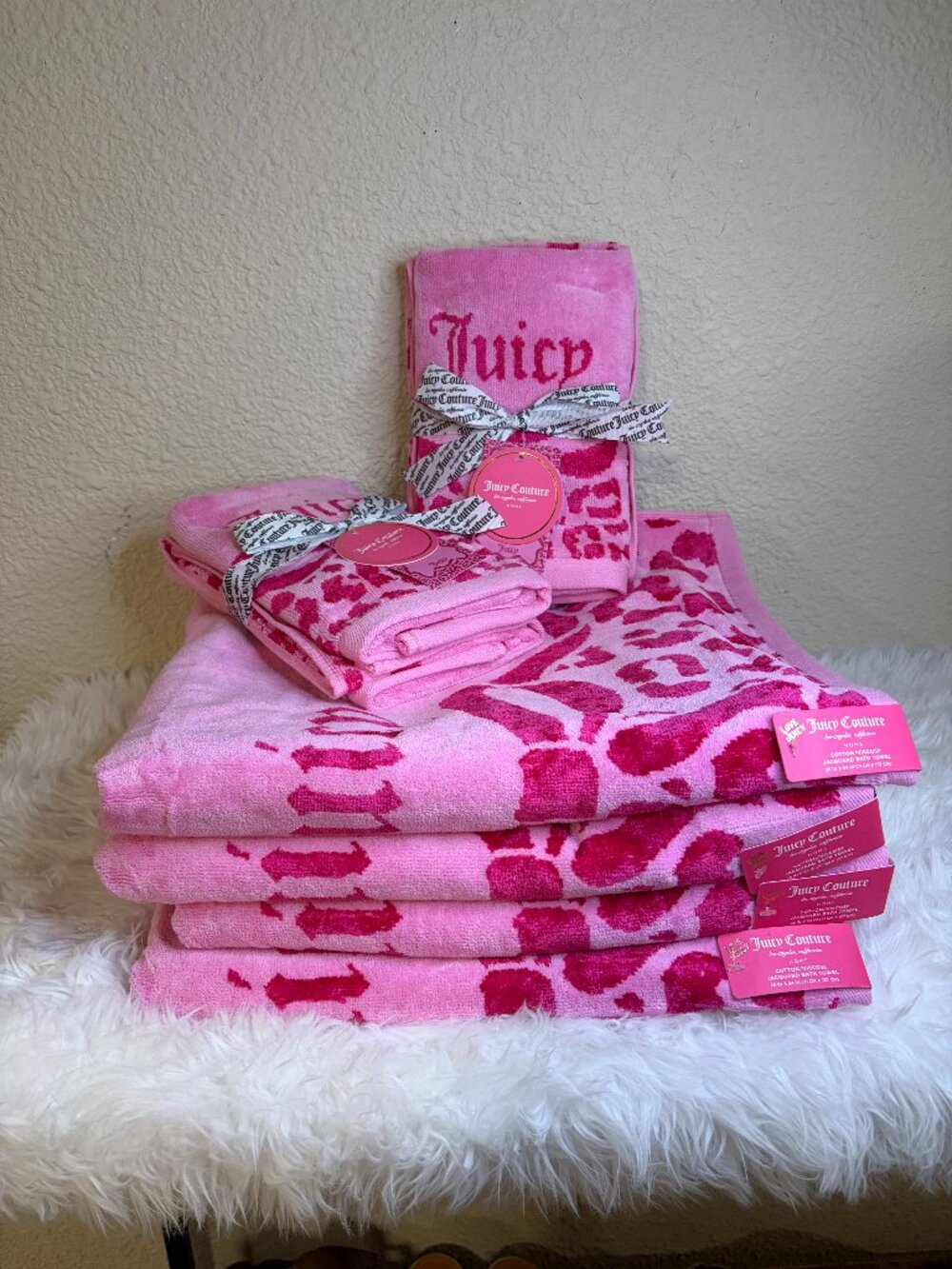 Juicy Couture Hot Pink Leopard Bow 8 Piece Bath Hand Towel Set Y2K NWT